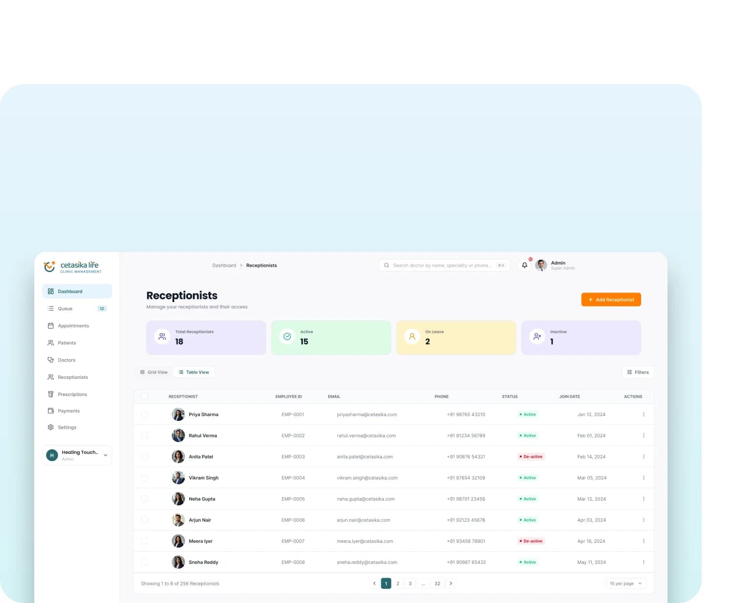 The Cetasika CMS reception and patient queue screen
