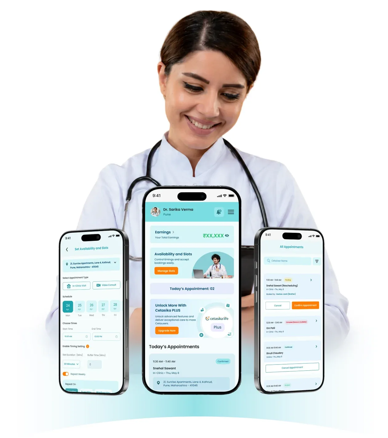 A doctor reviewing appointments and patient records in the Cetasika app