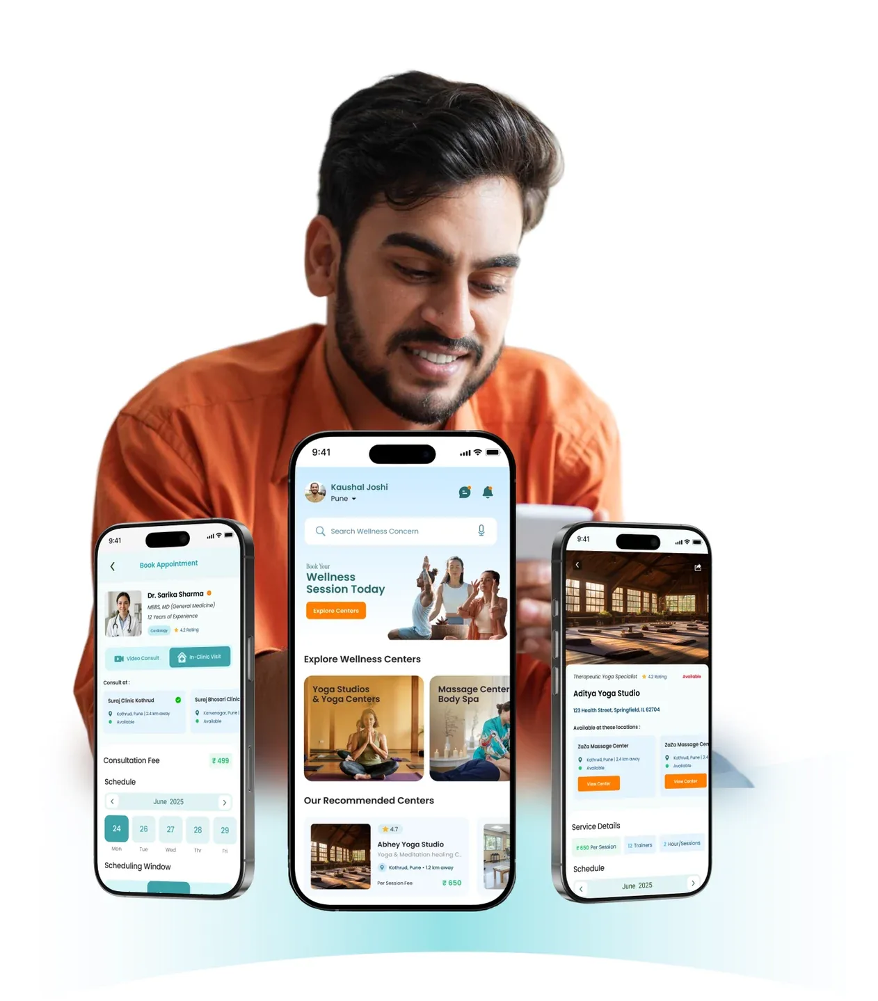 A man using the Cetasika app, shown across three phone screens